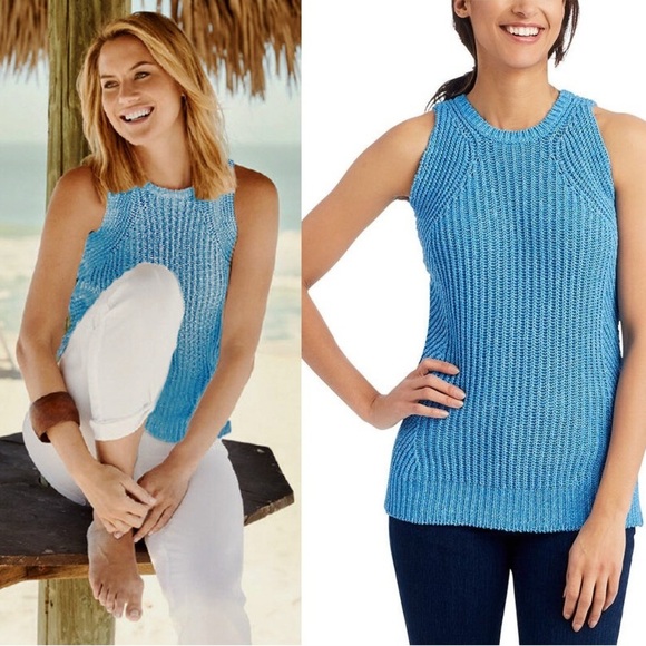 NWT J. MCLAUGHLIN Sweater Vest Blue Amber Woven Top Sleeveless Italian Yarn Sz L - Picture 1 of 9